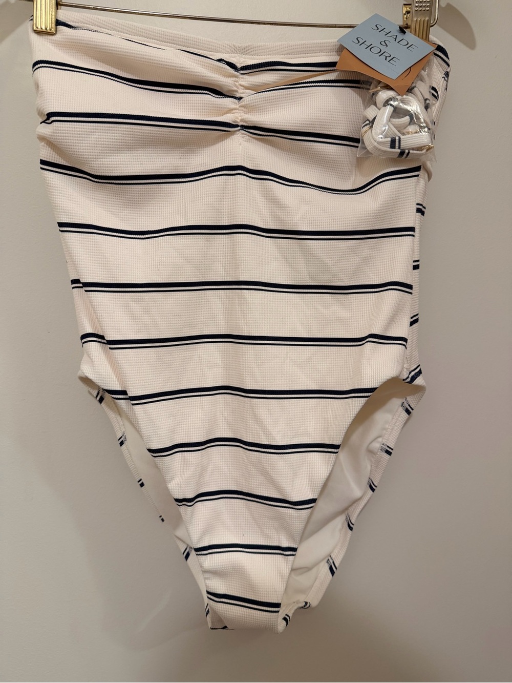 Shade & Shore White and Navy Striped Strapless One-Piece Size M(8-10